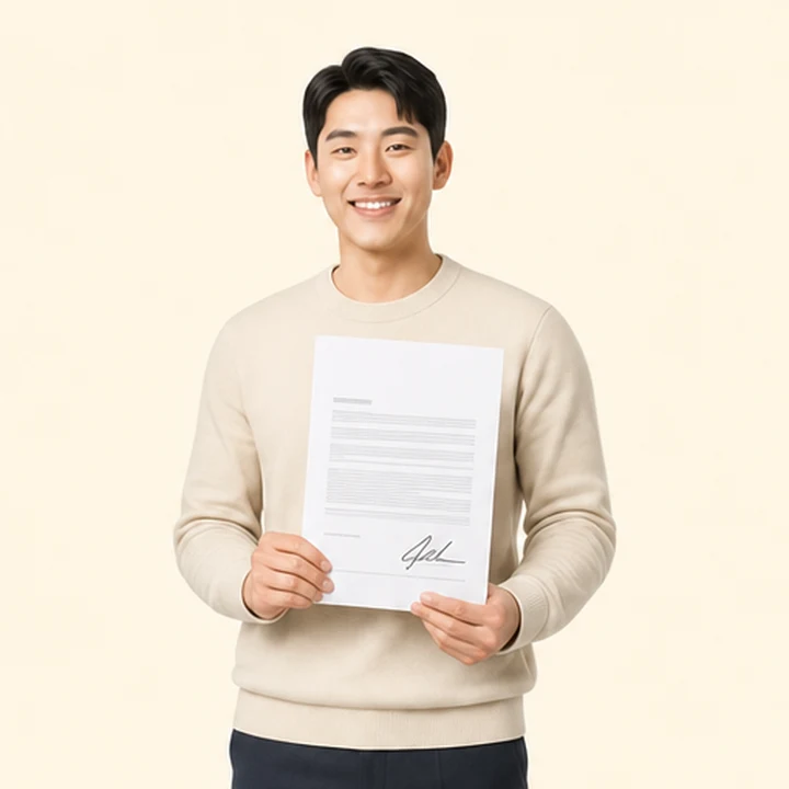 신용불량 그랑콜레오스 장기렌트 서면 견적서를 들고 있는 고객